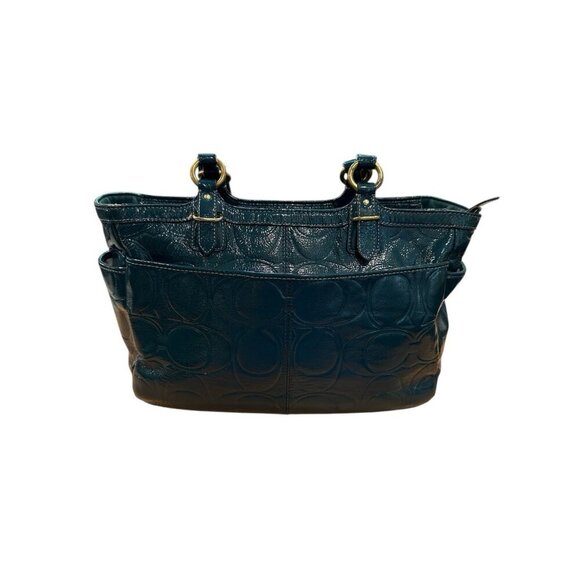 COACH GALLERY EMBOSSED PATENT LEATHER TOTE SHOULDER BAG F19462 TEAL GOOD CON - Picture 2 of 7